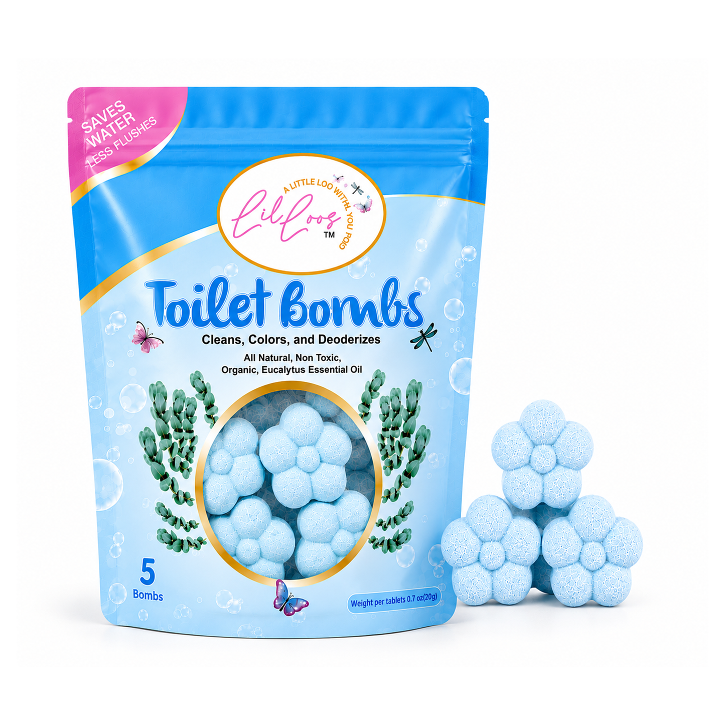 Eucalyptus Drop-In Toilet Bowl Bombs – 5 Pack | Cleans, Deodorizes & Colors Toilet Water