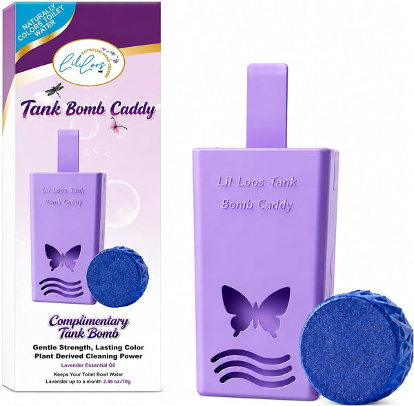 Lavender Reusable Toilet Tank Caddy with 1 Tank Bomb | Cleans, Deodorizes & Colors Toilet Water | Up to 30 Days Per Bomb