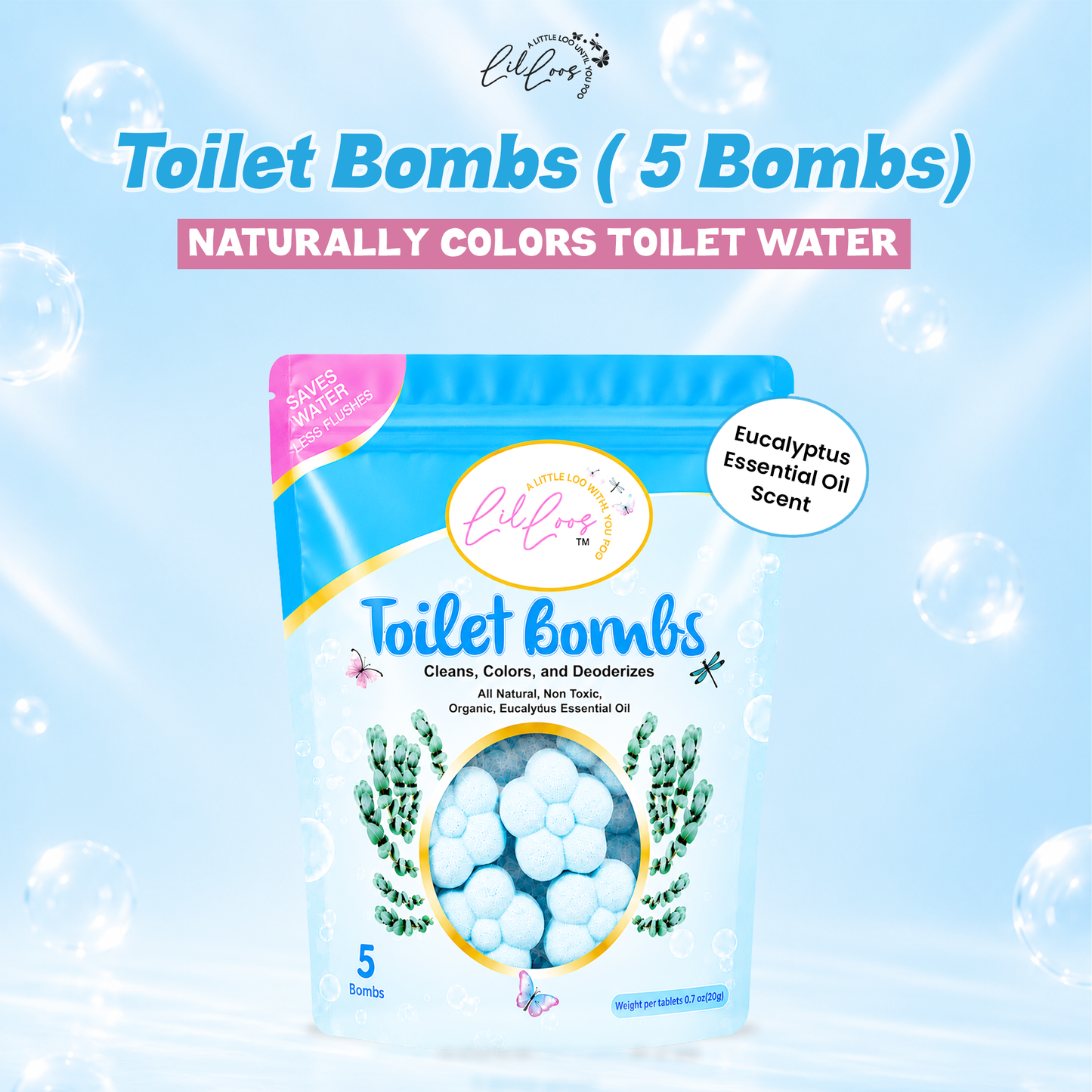 Eucalyptus Drop-In Toilet Bowl Bombs – 5 Pack | Cleans, Deodorizes & Colors Toilet Water