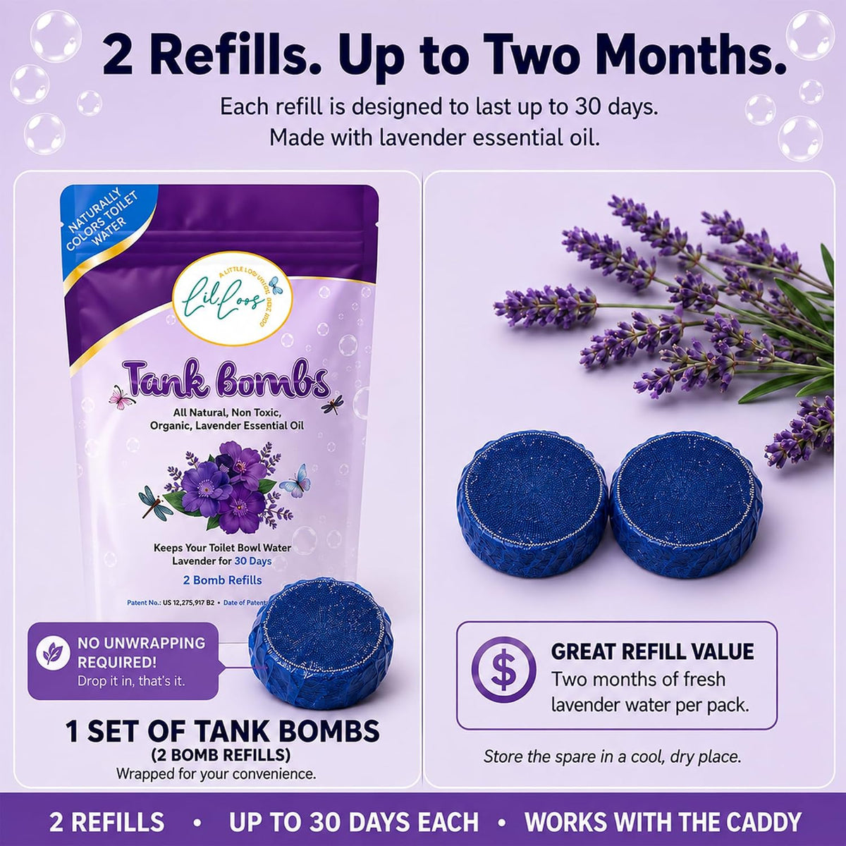 Lavender Toilet Tank Bomb Refills – 2 Pack | For Reusable Toilet Tank Caddy | Cleans, Deodorizes & Colors Toilet Water | Up to 30 Days Per Bomb
