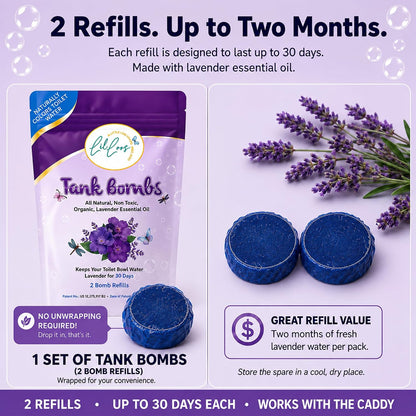 Lavender Toilet Tank Bomb Refills – 2 Pack | For Reusable Toilet Tank Caddy | Cleans, Deodorizes & Colors Toilet Water | Up to 30 Days Per Bomb