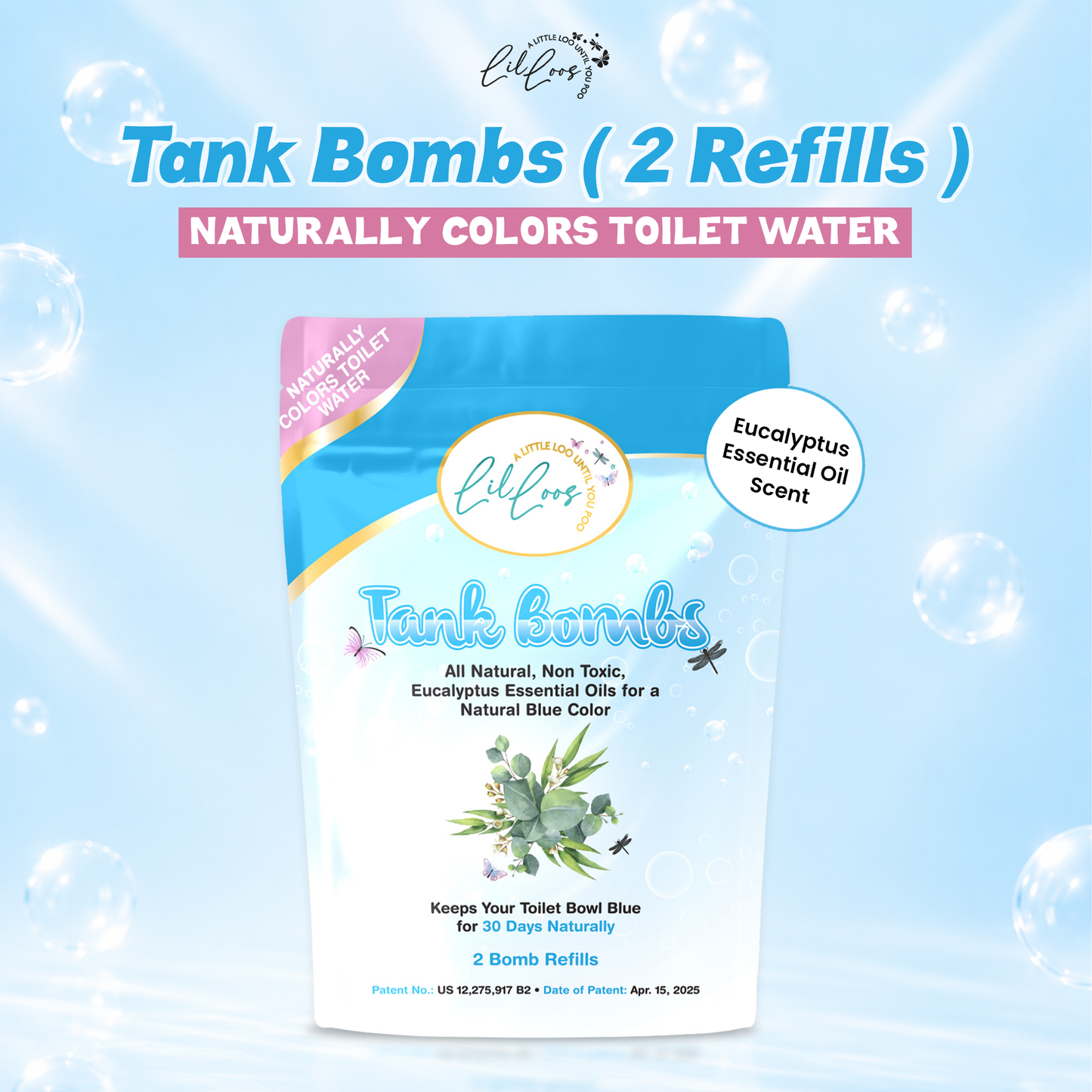Eucalyptus Toilet Tank Bomb Refills – 2 Pack | For Reusable Toilet Tank Caddy | Cleans, Deodorizes & Colors Toilet Water | Up to 30 Days Per Bomb