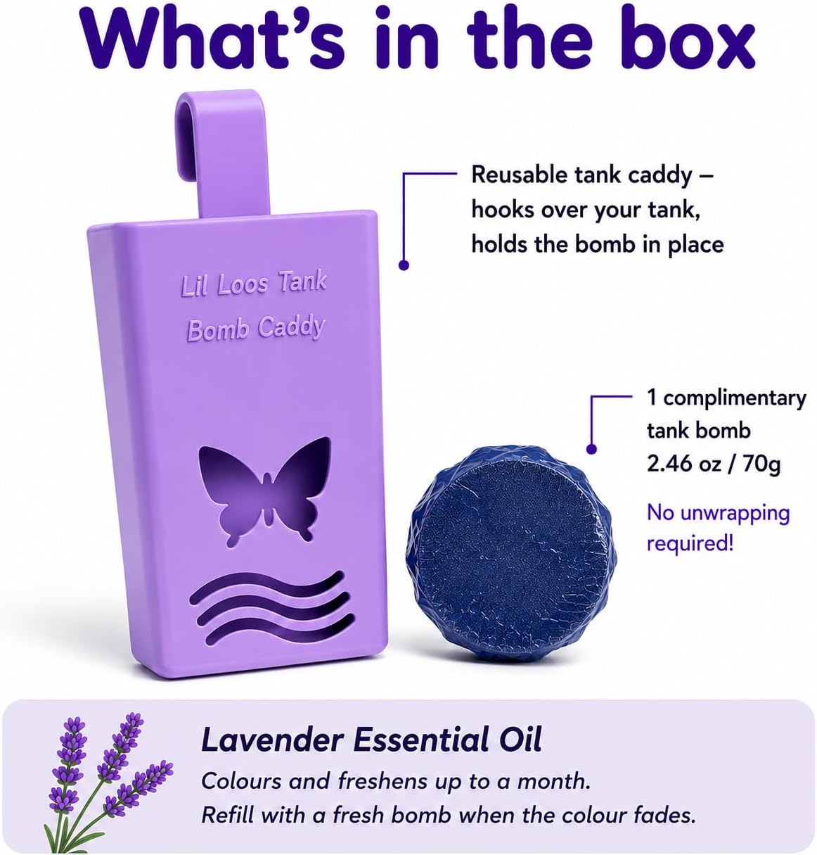 Lavender Reusable Toilet Tank Caddy with 1 Tank Bomb | Cleans, Deodorizes & Colors Toilet Water | Up to 30 Days Per Bomb