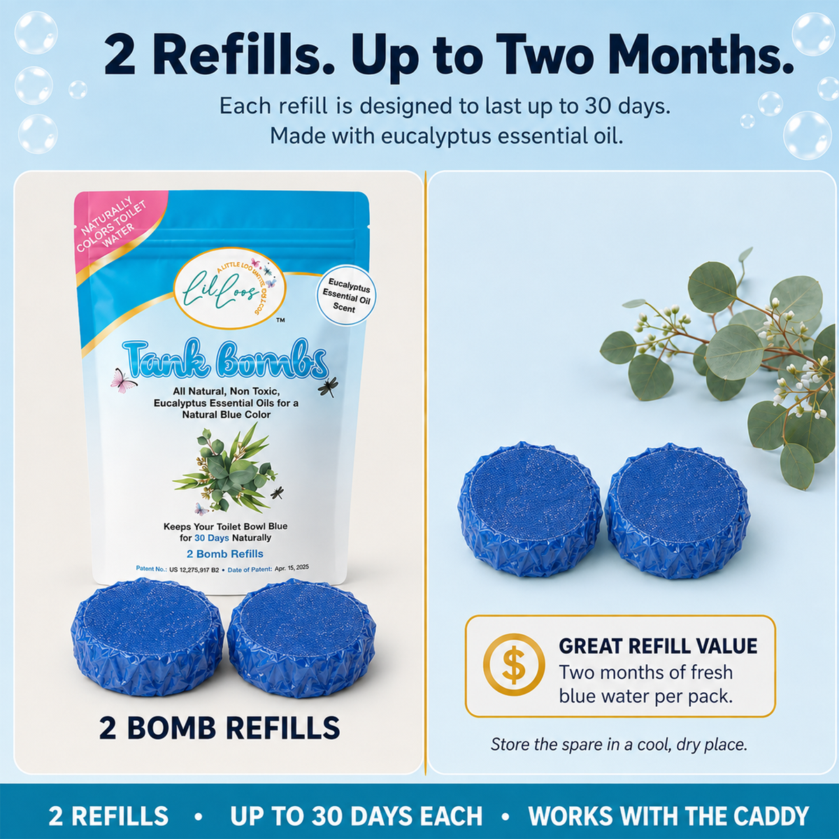 Eucalyptus Toilet Tank Bomb Refills – 2 Pack | For Reusable Toilet Tank Caddy | Cleans, Deodorizes & Colors Toilet Water | Up to 30 Days Per Bomb