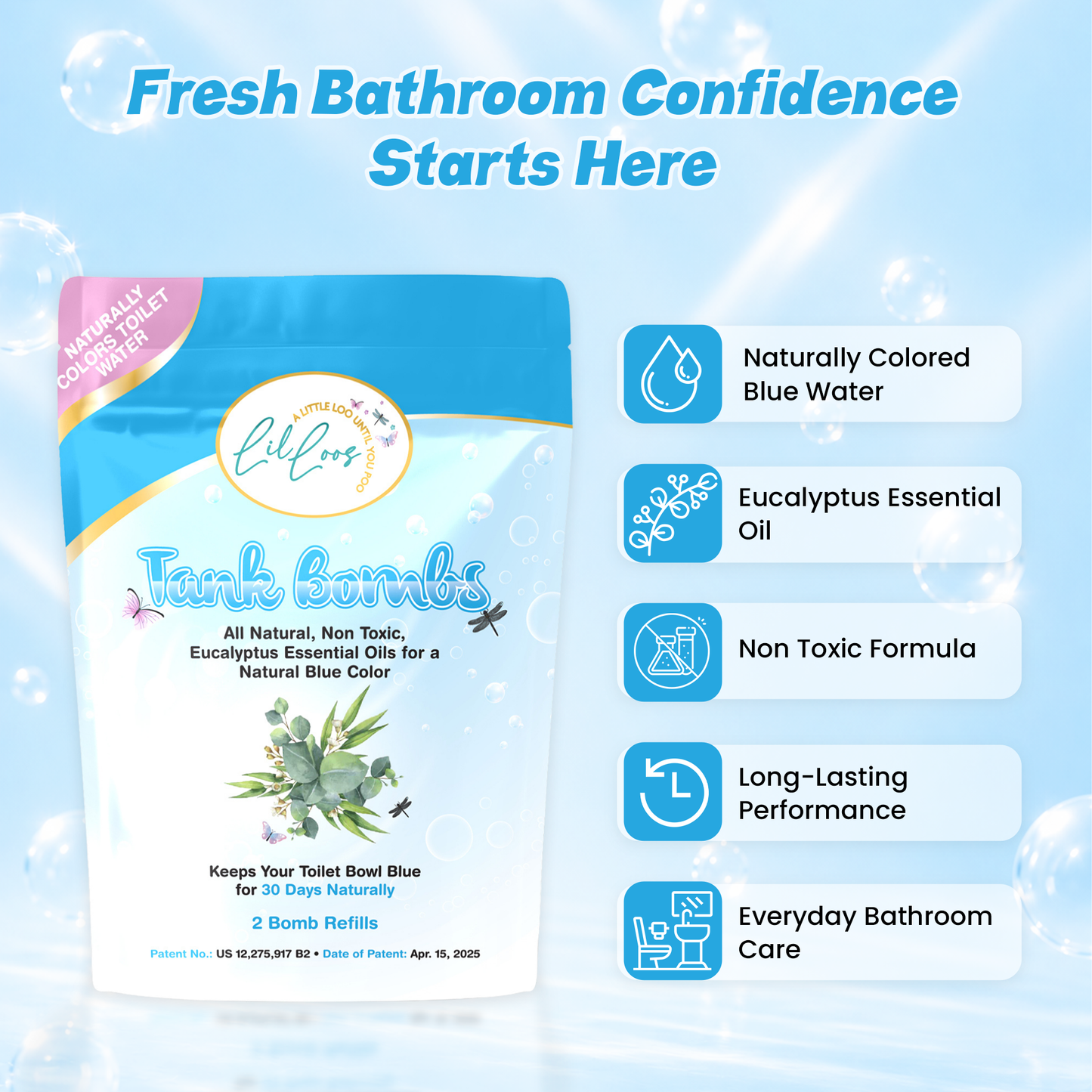 Eucalyptus Toilet Tank Bomb Refills – 2 Pack | For Reusable Toilet Tank Caddy | Cleans, Deodorizes & Colors Toilet Water | Up to 30 Days Per Bomb