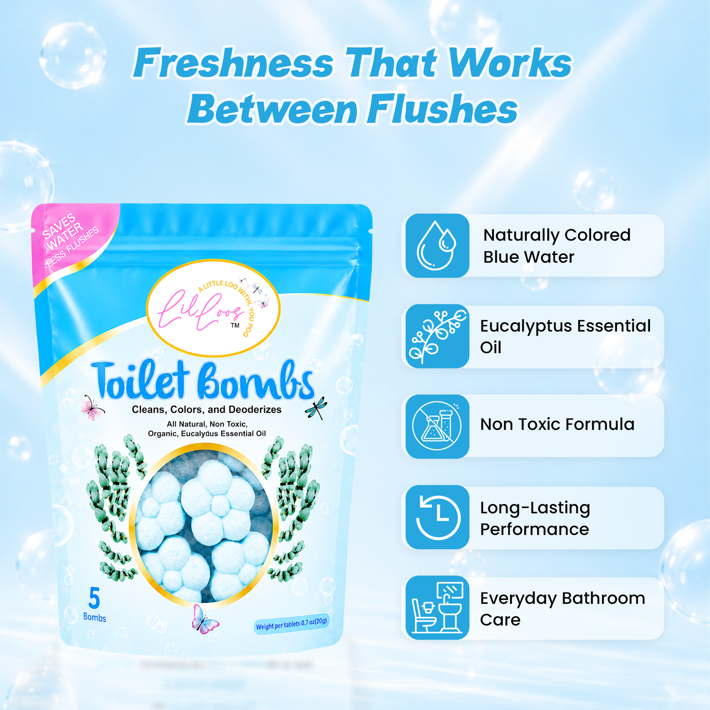 Eucalyptus Drop-In Toilet Bowl Bombs – 5 Pack | Cleans, Deodorizes & Colors Toilet Water