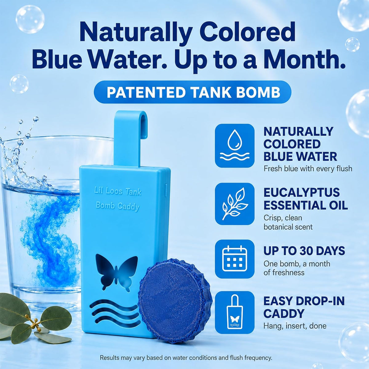 Eucalyptus Reusable Toilet Tank Caddy with 1 Tank Bomb | Cleans, Deodorizes & Colors Toilet Water | Up to 30 Days Per Bomb