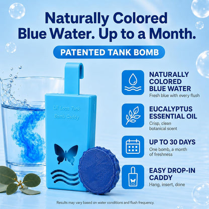 Eucalyptus Reusable Toilet Tank Caddy with 1 Tank Bomb | Cleans, Deodorizes & Colors Toilet Water | Up to 30 Days Per Bomb