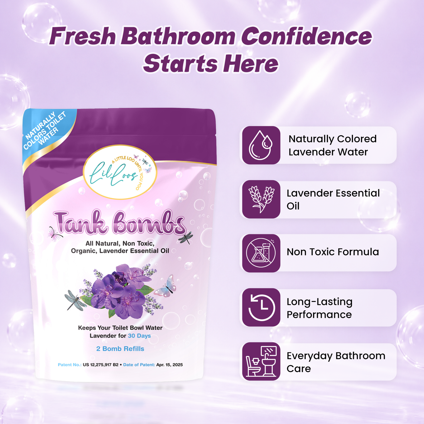 Lavender Toilet Tank Bomb Refills – 2 Pack | For Reusable Toilet Tank Caddy | Cleans, Deodorizes & Colors Toilet Water | Up to 30 Days Per Bomb