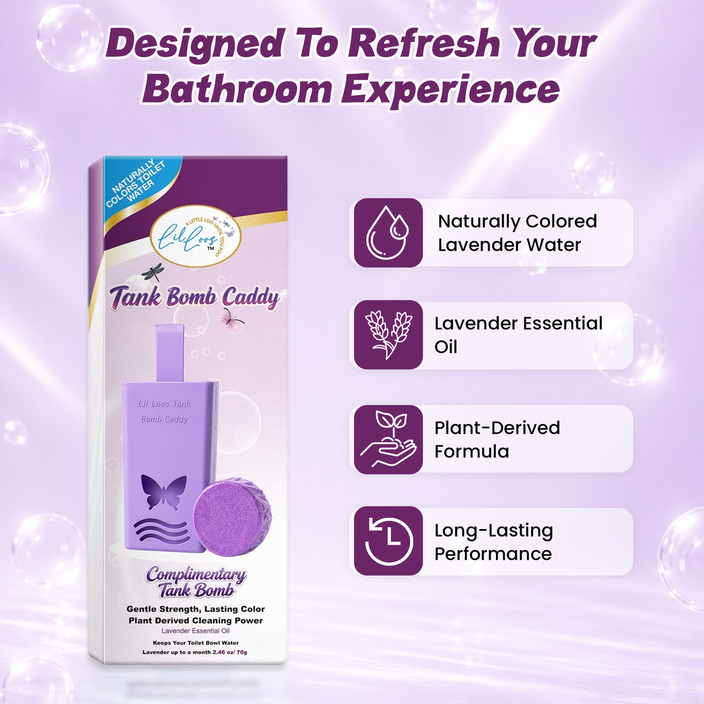 Lavender Reusable Toilet Tank Caddy with 1 Tank Bomb | Cleans, Deodorizes & Colors Toilet Water | Up to 30 Days Per Bomb