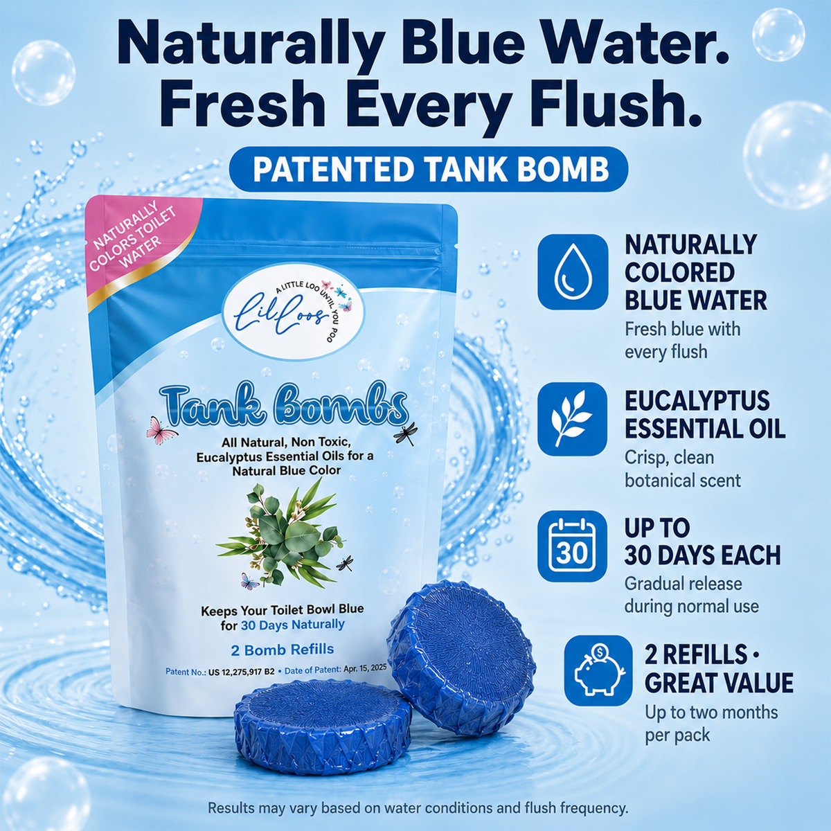 Eucalyptus Toilet Tank Bomb Refills – 2 Pack | For Reusable Toilet Tank Caddy | Cleans, Deodorizes & Colors Toilet Water | Up to 30 Days Per Bomb