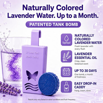 Lavender Reusable Toilet Tank Caddy with 1 Tank Bomb | Cleans, Deodorizes & Colors Toilet Water | Up to 30 Days Per Bomb