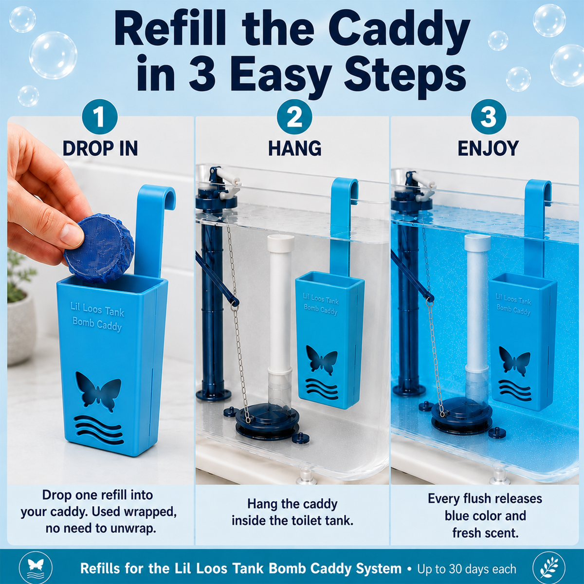 Eucalyptus Toilet Tank Bomb Refills – 2 Pack | For Reusable Toilet Tank Caddy | Cleans, Deodorizes & Colors Toilet Water | Up to 30 Days Per Bomb