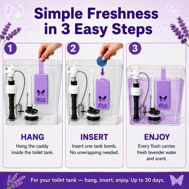 Lavender Reusable Toilet Tank Caddy with 1 Tank Bomb | Cleans, Deodorizes & Colors Toilet Water | Up to 30 Days Per Bomb