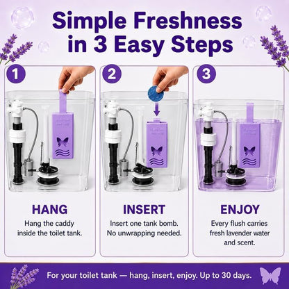 Lavender Reusable Toilet Tank Caddy with 1 Tank Bomb | Cleans, Deodorizes & Colors Toilet Water | Up to 30 Days Per Bomb