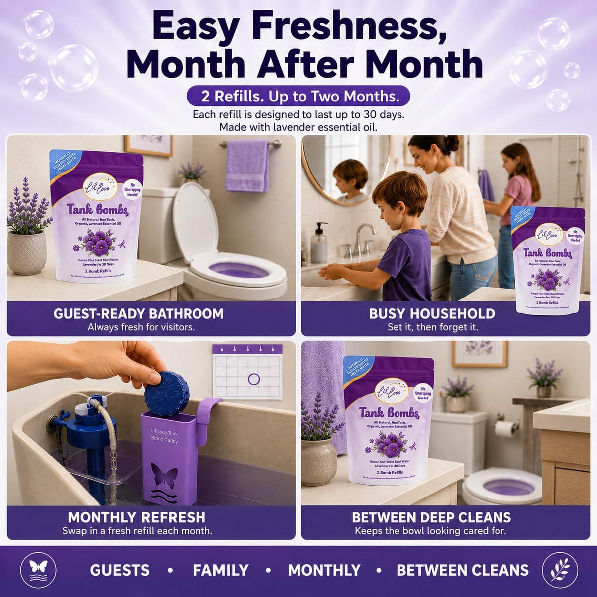Lavender Toilet Tank Bomb Refills – 2 Pack | For Reusable Toilet Tank Caddy | Cleans, Deodorizes & Colors Toilet Water | Up to 30 Days Per Bomb