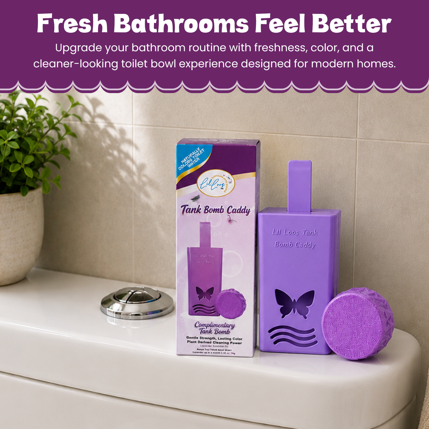 Lavender Reusable Toilet Tank Caddy with 1 Tank Bomb | Cleans, Deodorizes & Colors Toilet Water | Up to 30 Days Per Bomb