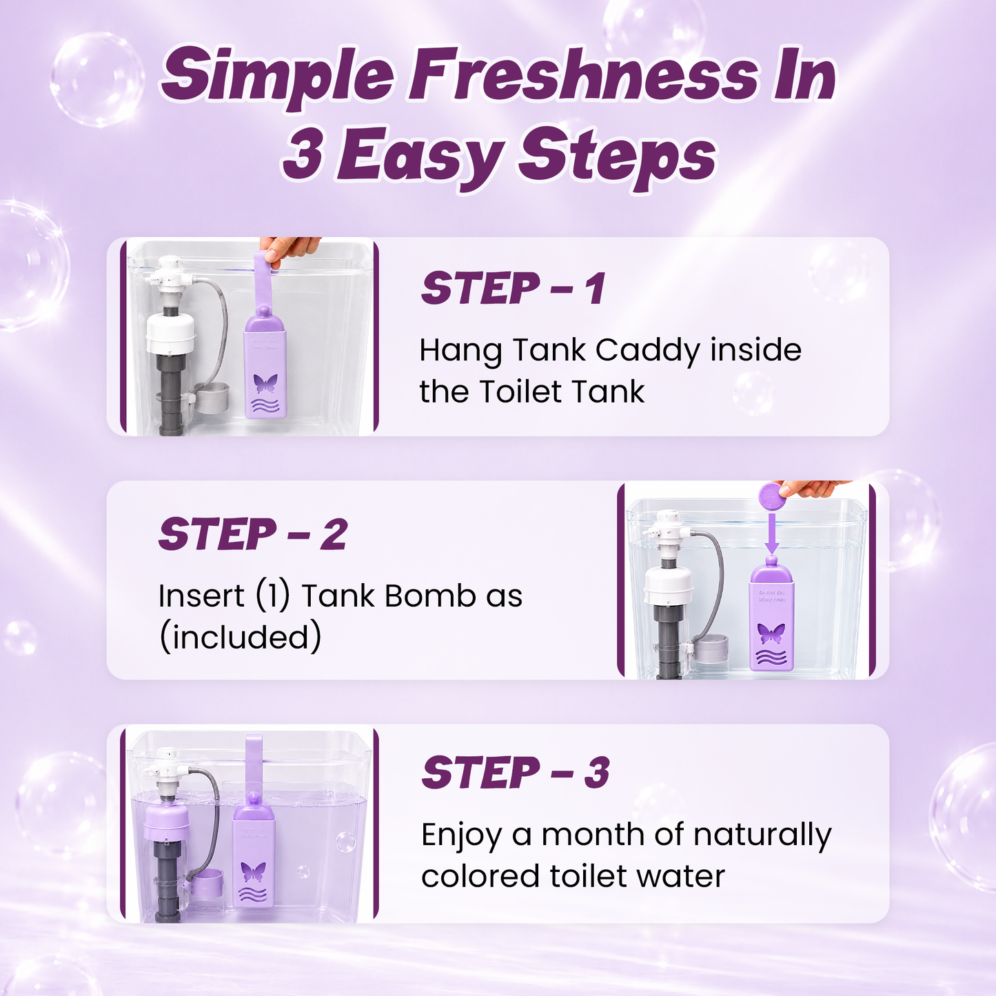Lavender Reusable Toilet Tank Caddy with 1 Tank Bomb | Cleans, Deodorizes & Colors Toilet Water | Up to 30 Days Per Bomb