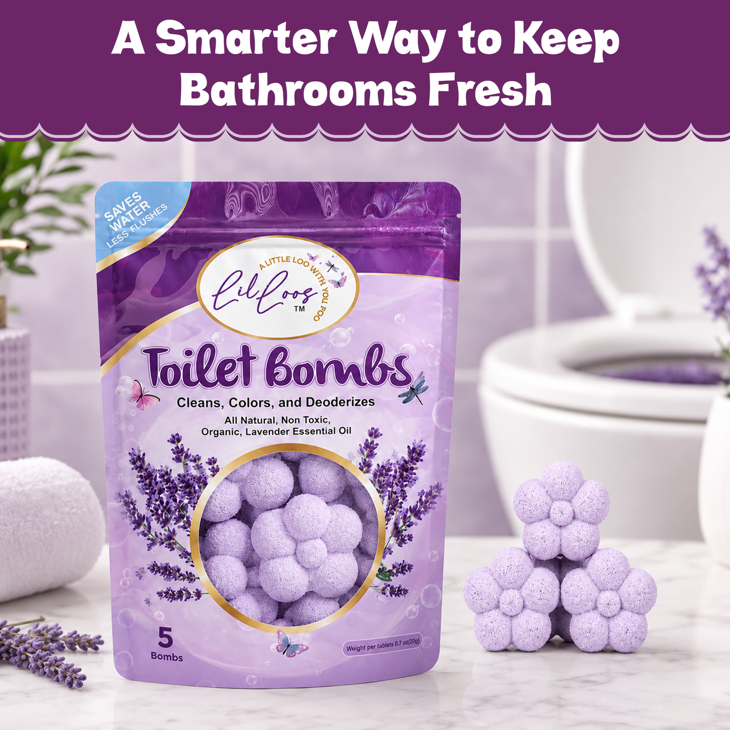 Lavender Drop-In Toilet Bowl Bombs – 5 Pack | Cleans, Deodorizes & Colors Toilet Water