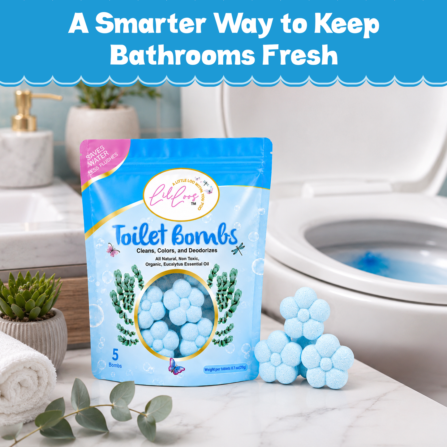 Eucalyptus Drop-In Toilet Bowl Bombs – 5 Pack | Cleans, Deodorizes & Colors Toilet Water