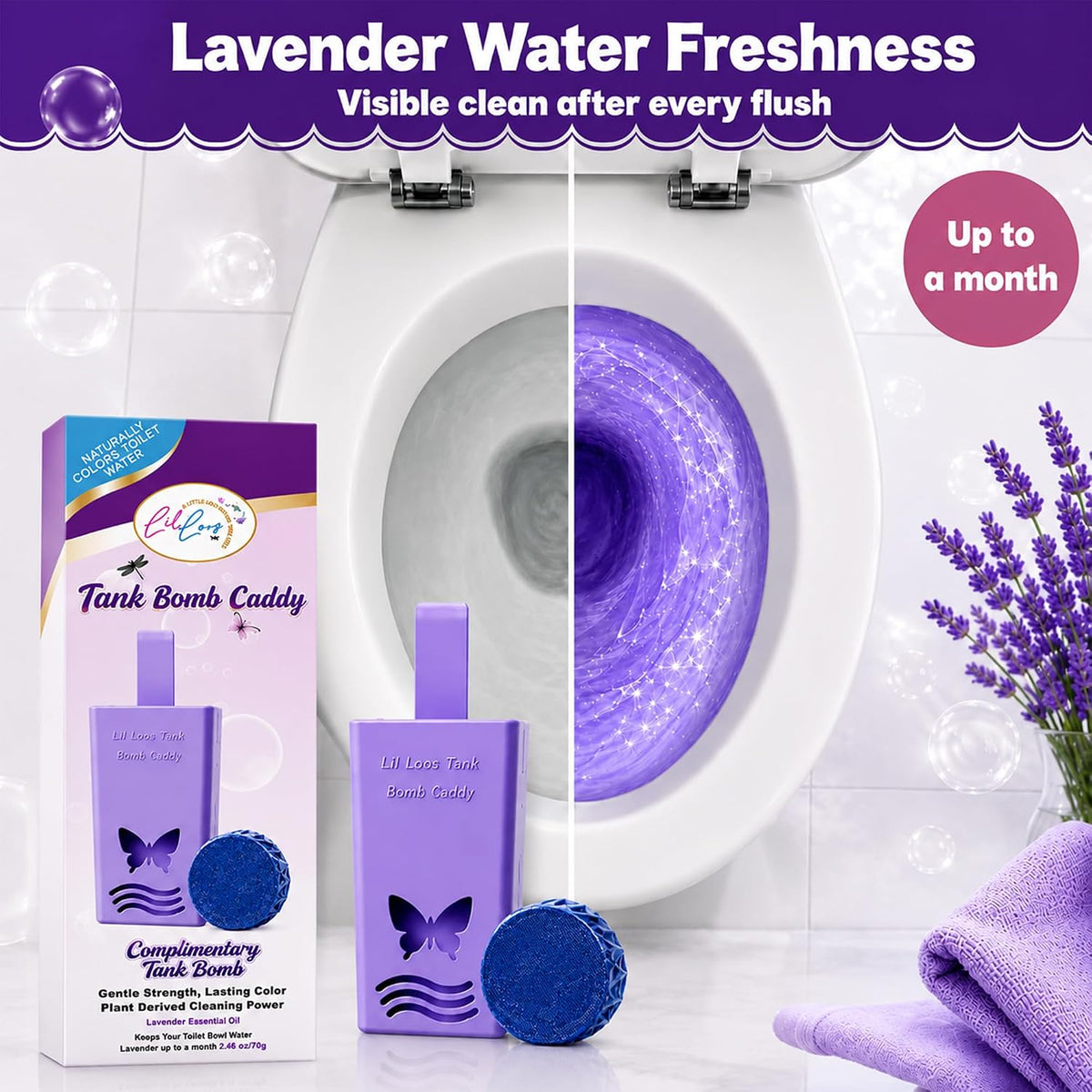 Lavender Reusable Toilet Tank Caddy with 1 Tank Bomb | Cleans, Deodorizes & Colors Toilet Water | Up to 30 Days Per Bomb