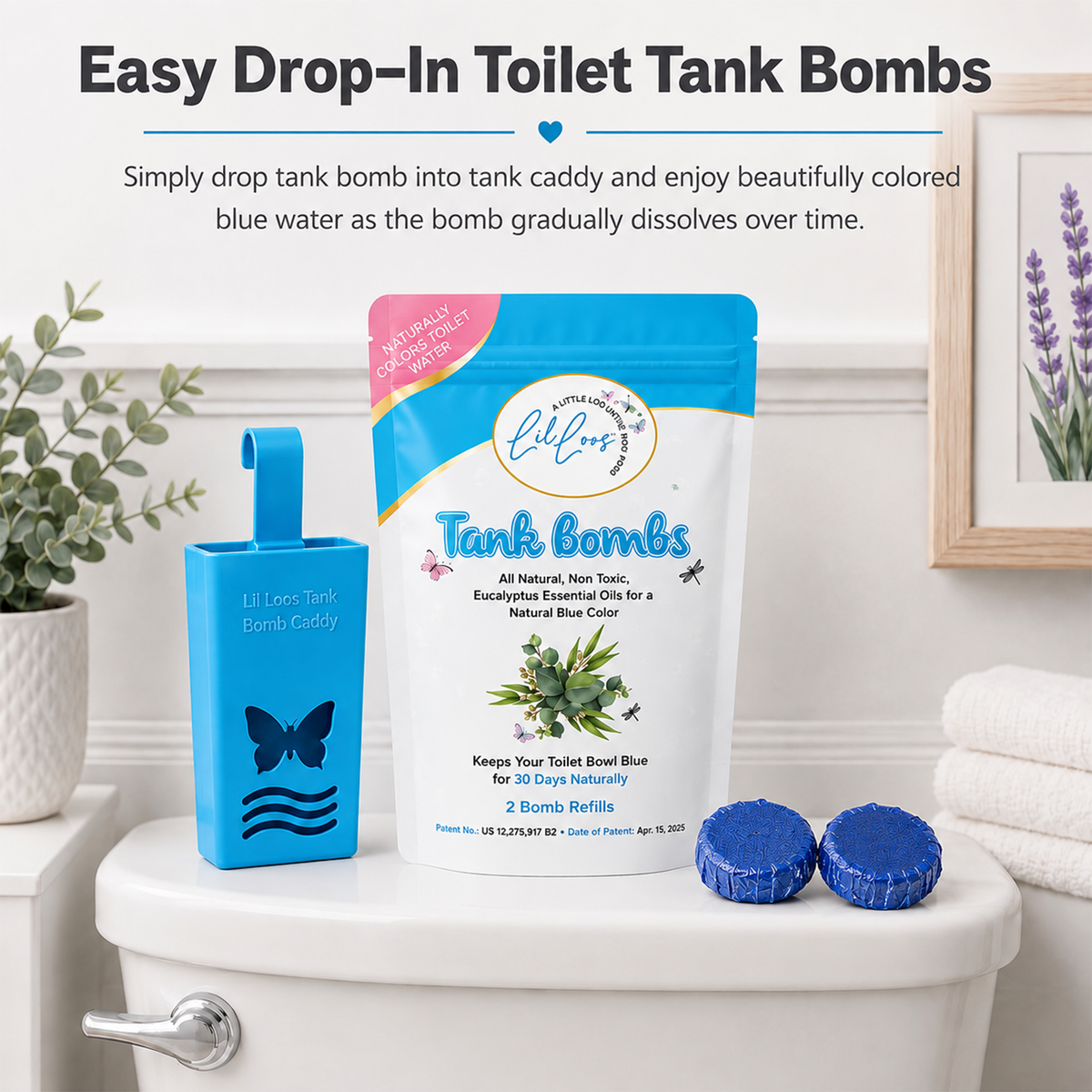 Eucalyptus Toilet Tank Bomb Refills – 2 Pack | For Reusable Toilet Tank Caddy | Cleans, Deodorizes & Colors Toilet Water | Up to 30 Days Per Bomb