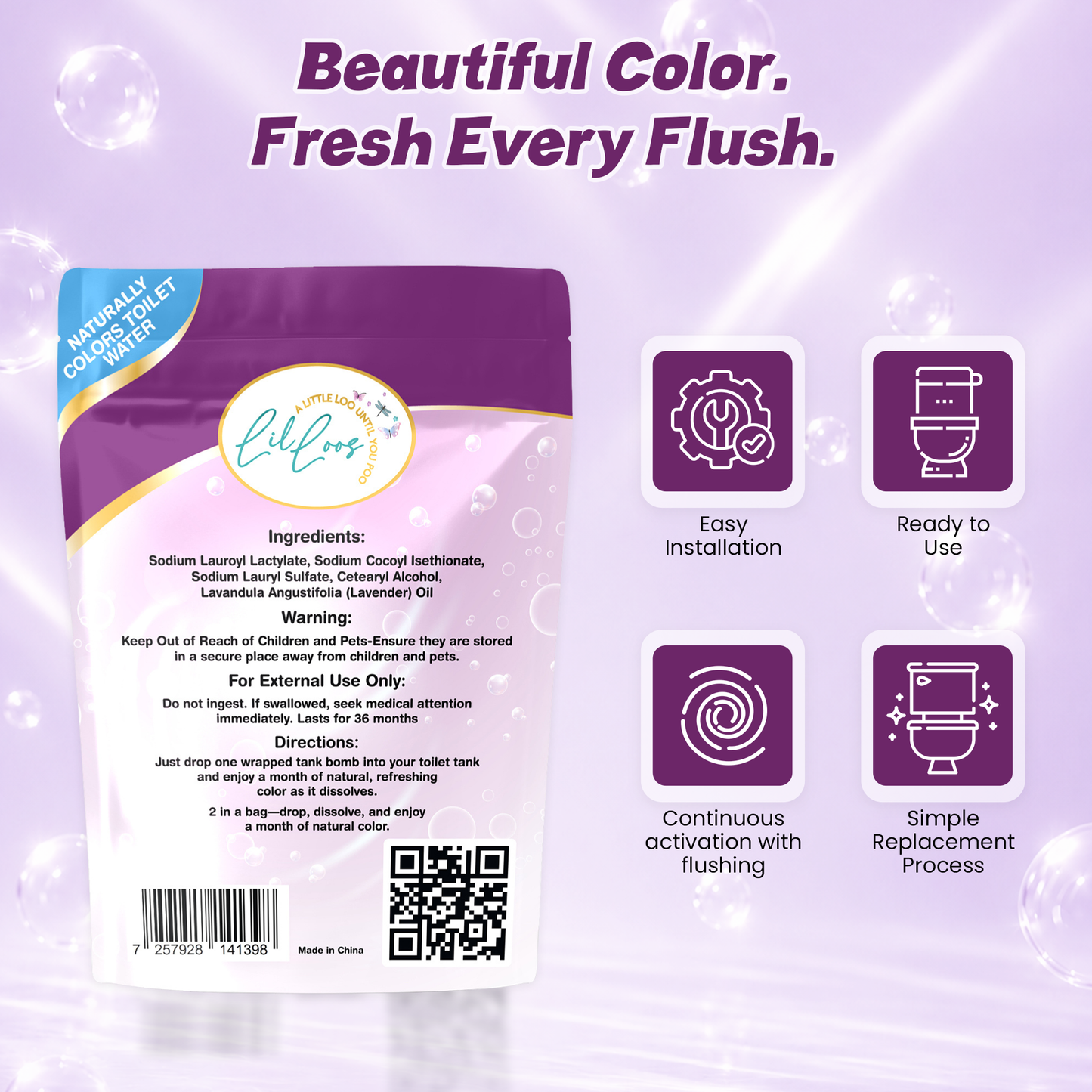 Lavender Toilet Tank Bomb Refills – 2 Pack | For Reusable Toilet Tank Caddy | Cleans, Deodorizes & Colors Toilet Water | Up to 30 Days Per Bomb