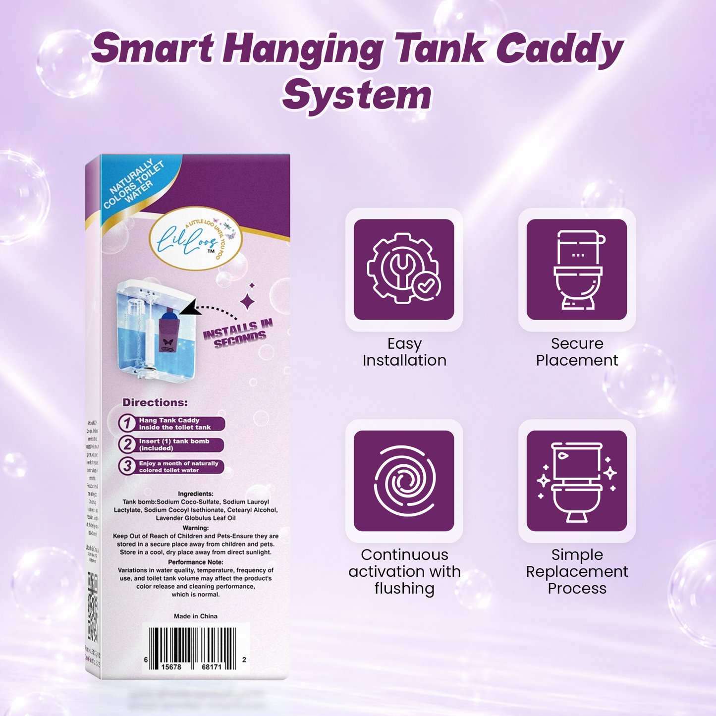 Lavender Reusable Toilet Tank Caddy with 1 Tank Bomb | Cleans, Deodorizes & Colors Toilet Water | Up to 30 Days Per Bomb