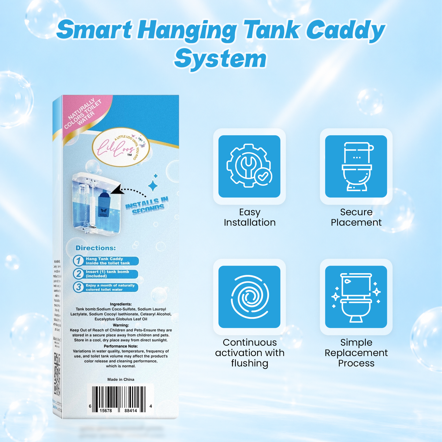 Eucalyptus Reusable Toilet Tank Caddy with 1 Tank Bomb | Cleans, Deodorizes & Colors Toilet Water | Up to 30 Days Per Bomb