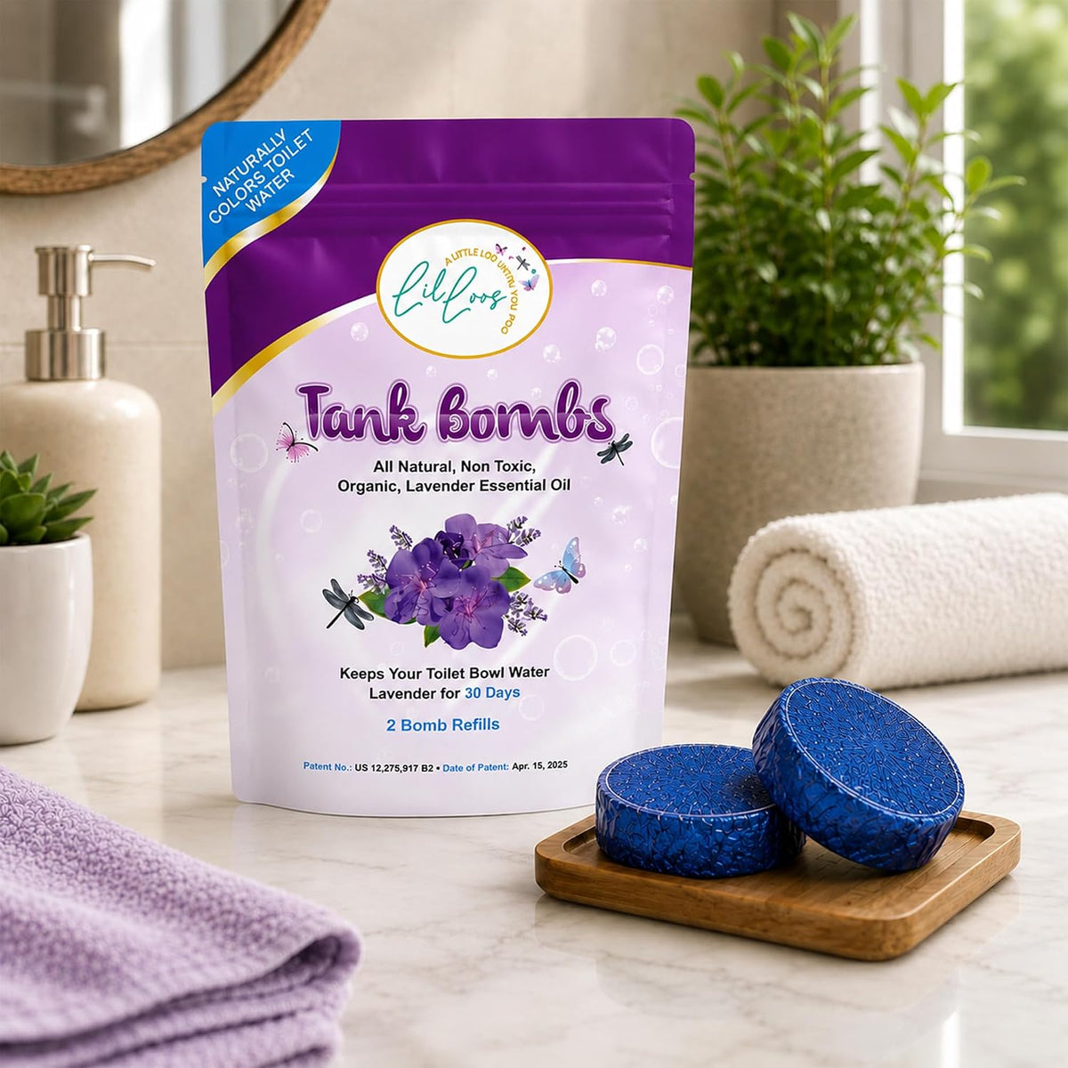 Lavender Toilet Tank Bomb Refills – 2 Pack | For Reusable Toilet Tank Caddy | Cleans, Deodorizes & Colors Toilet Water | Up to 30 Days Per Bomb