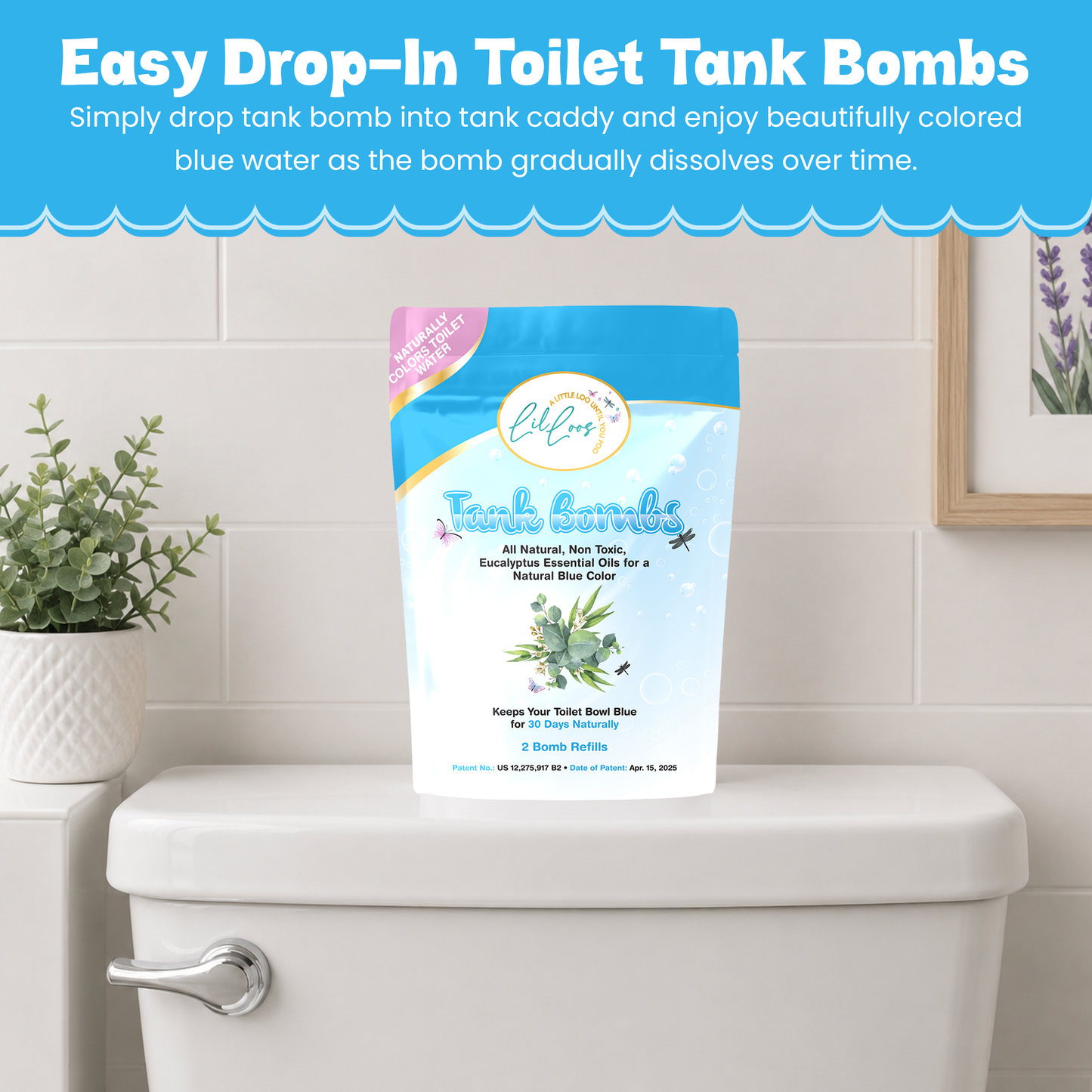 Eucalyptus Toilet Tank Bomb Refills – 2 Pack | For Reusable Toilet Tank Caddy | Cleans, Deodorizes & Colors Toilet Water | Up to 30 Days Per Bomb