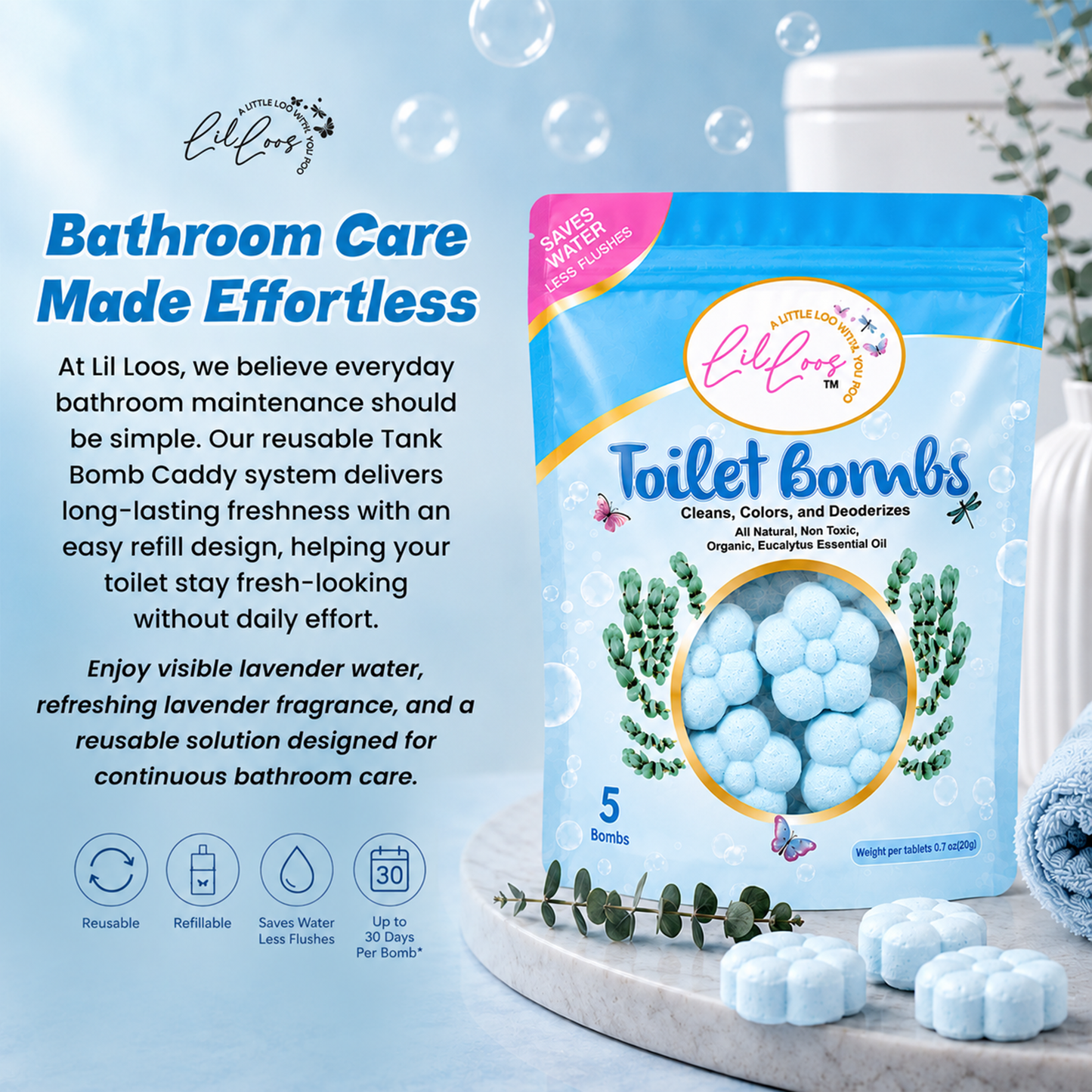 Eucalyptus Drop-In Toilet Bowl Bombs – 5 Pack | Cleans, Deodorizes & Colors Toilet Water