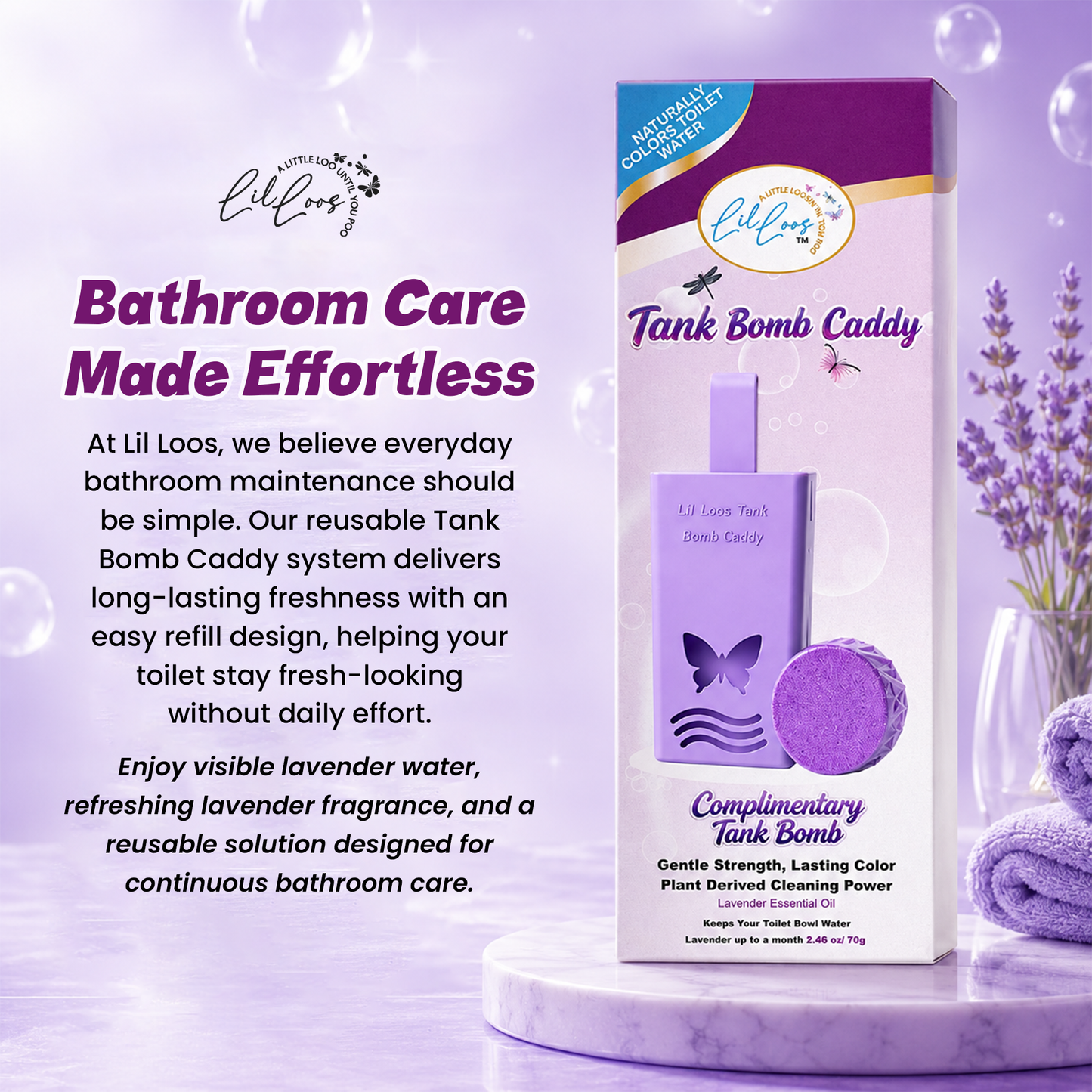 Lavender Reusable Toilet Tank Caddy with 1 Tank Bomb | Cleans, Deodorizes & Colors Toilet Water | Up to 30 Days Per Bomb