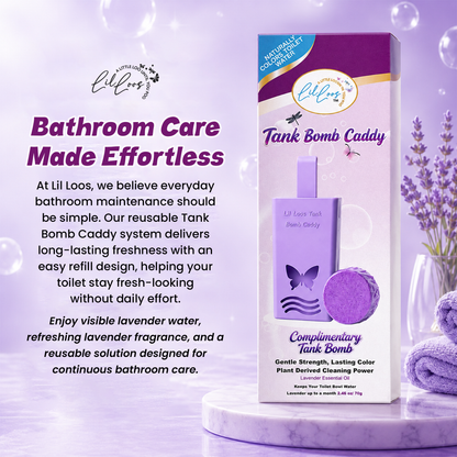 Lavender Reusable Toilet Tank Caddy with 1 Tank Bomb | Cleans, Deodorizes & Colors Toilet Water | Up to 30 Days Per Bomb