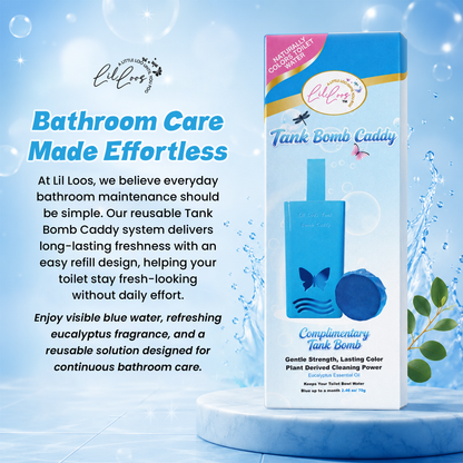 Eucalyptus Reusable Toilet Tank Caddy with 1 Tank Bomb | Cleans, Deodorizes & Colors Toilet Water | Up to 30 Days Per Bomb