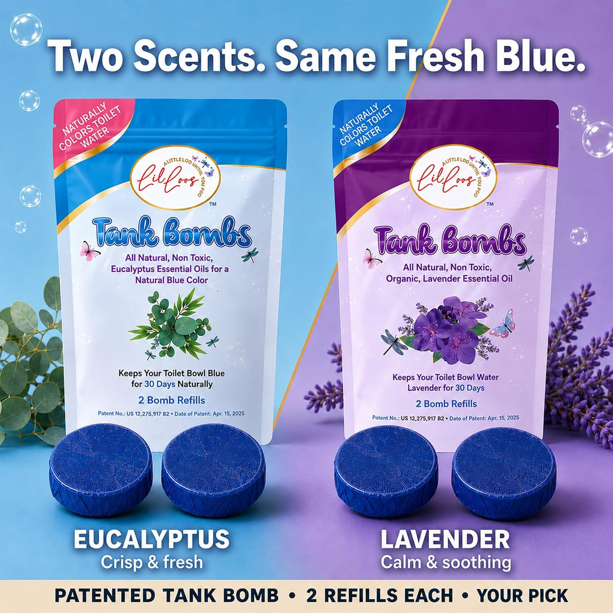 Lavender Toilet Tank Bomb Refills – 2 Pack | For Reusable Toilet Tank Caddy | Cleans, Deodorizes & Colors Toilet Water | Up to 30 Days Per Bomb