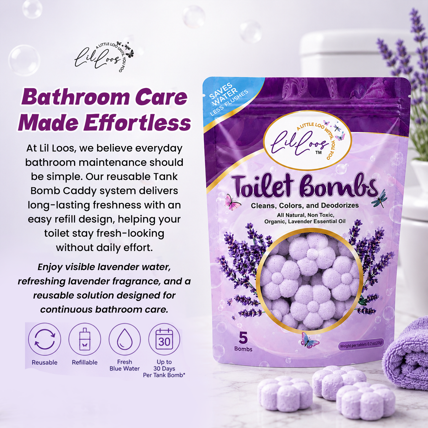 Lavender Drop-In Toilet Bowl Bombs – 5 Pack | Cleans, Deodorizes & Colors Toilet Water