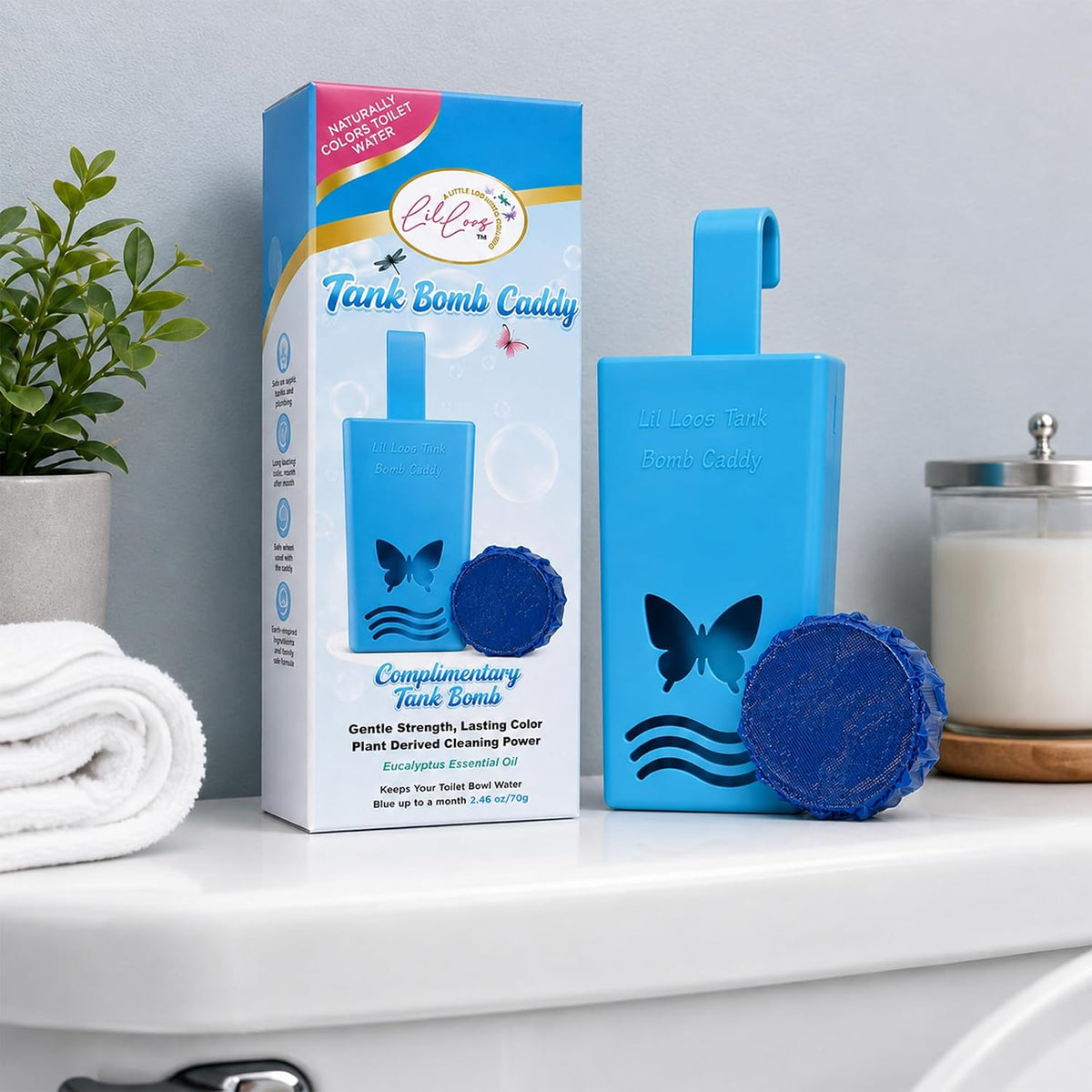 Eucalyptus Reusable Toilet Tank Caddy with 1 Tank Bomb | Cleans, Deodorizes & Colors Toilet Water | Up to 30 Days Per Bomb