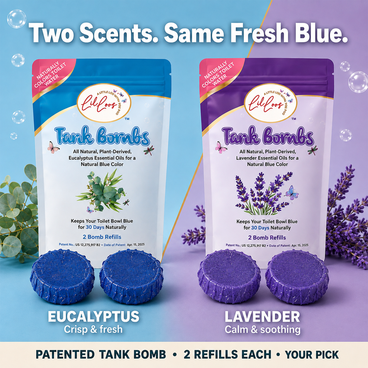 Eucalyptus Toilet Tank Bomb Refills – 2 Pack | For Reusable Toilet Tank Caddy | Cleans, Deodorizes & Colors Toilet Water | Up to 30 Days Per Bomb